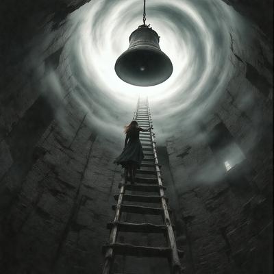 The primary subject of the image is a woman standing on a ladder, which is located in a dark and eerie setting. The visual style of the image is a combination of a photo and digital art, creating a surreal and mysterious atmosphere. The colors in the image are predominantly dark, with the exception of the light shining through the tunnel, which adds a sense of contrast and intrigue. The overall mood of the image is one of mystery and curiosity, as the viewer wonders about the woman's purpose